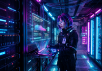 Technician in futuristic gear working on server data with holographic display