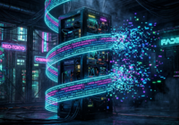 Data core server unit with holographic code spiraling around it in a neon cyberpunk environment