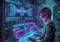 Person using holographic keyboard and screens for server migration in data center